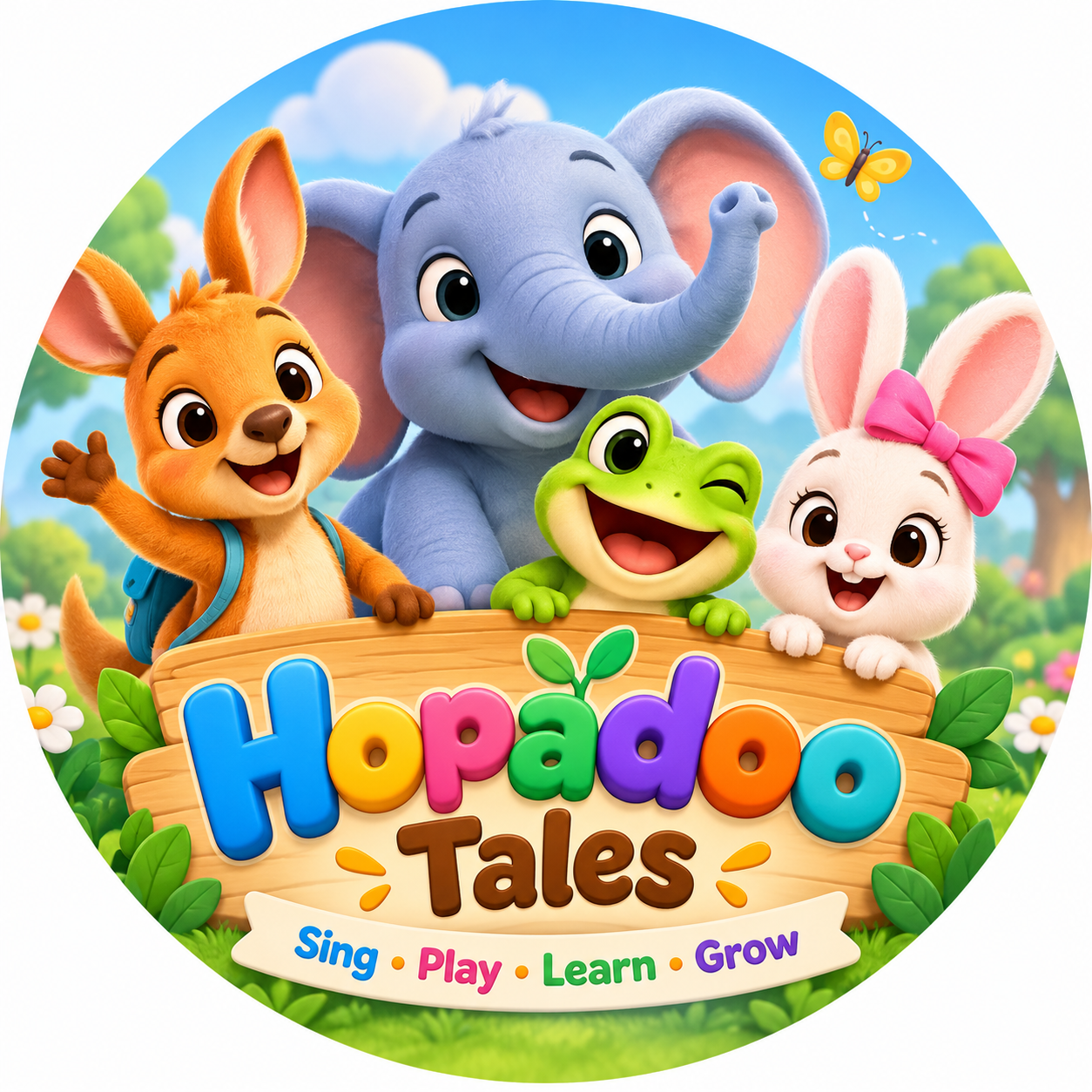 Hopadoo Tales: Kiki, Tuba, Pico and Mimi around the Hopadoo Tales sign.